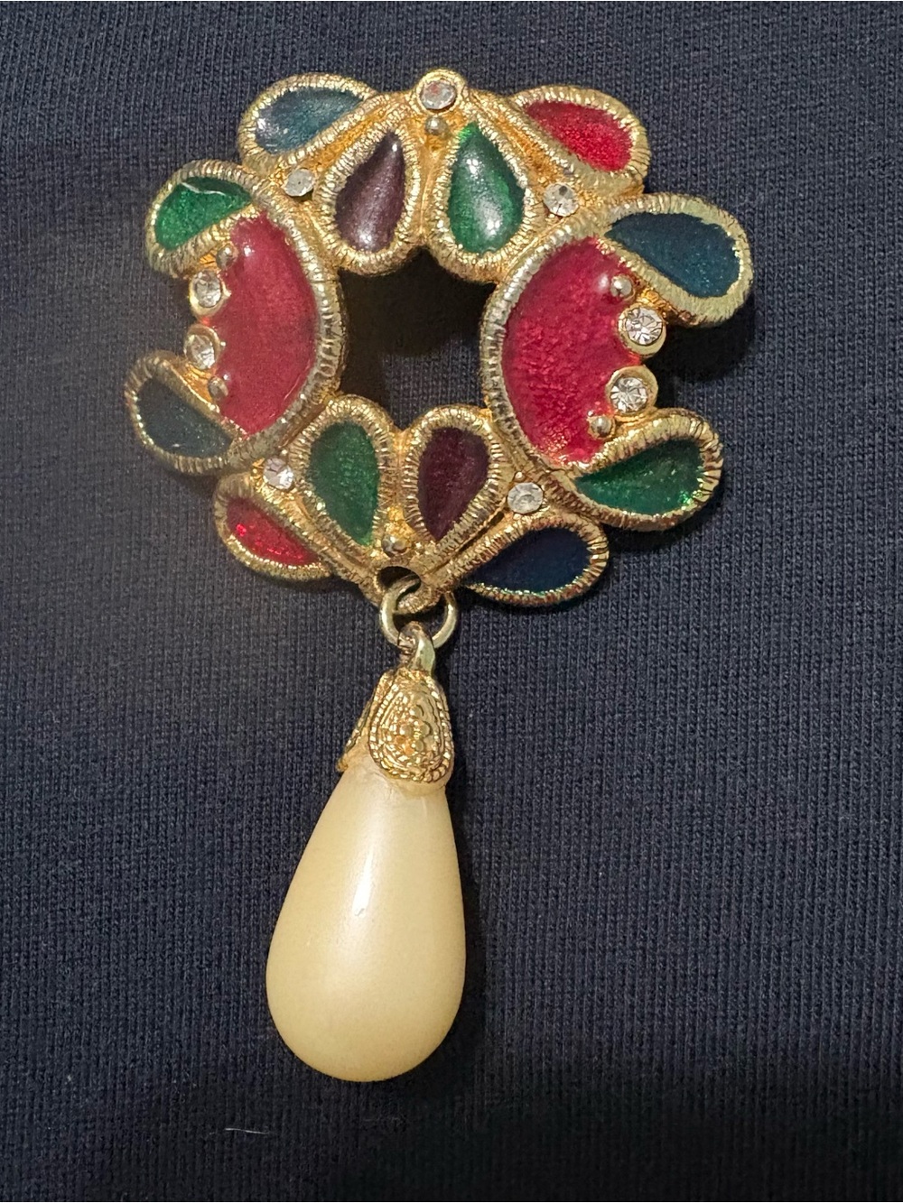 Vintage Multicolor Enamel Rhinestone Brooch Faux Pearl Dangle Gold Tone 3.25”